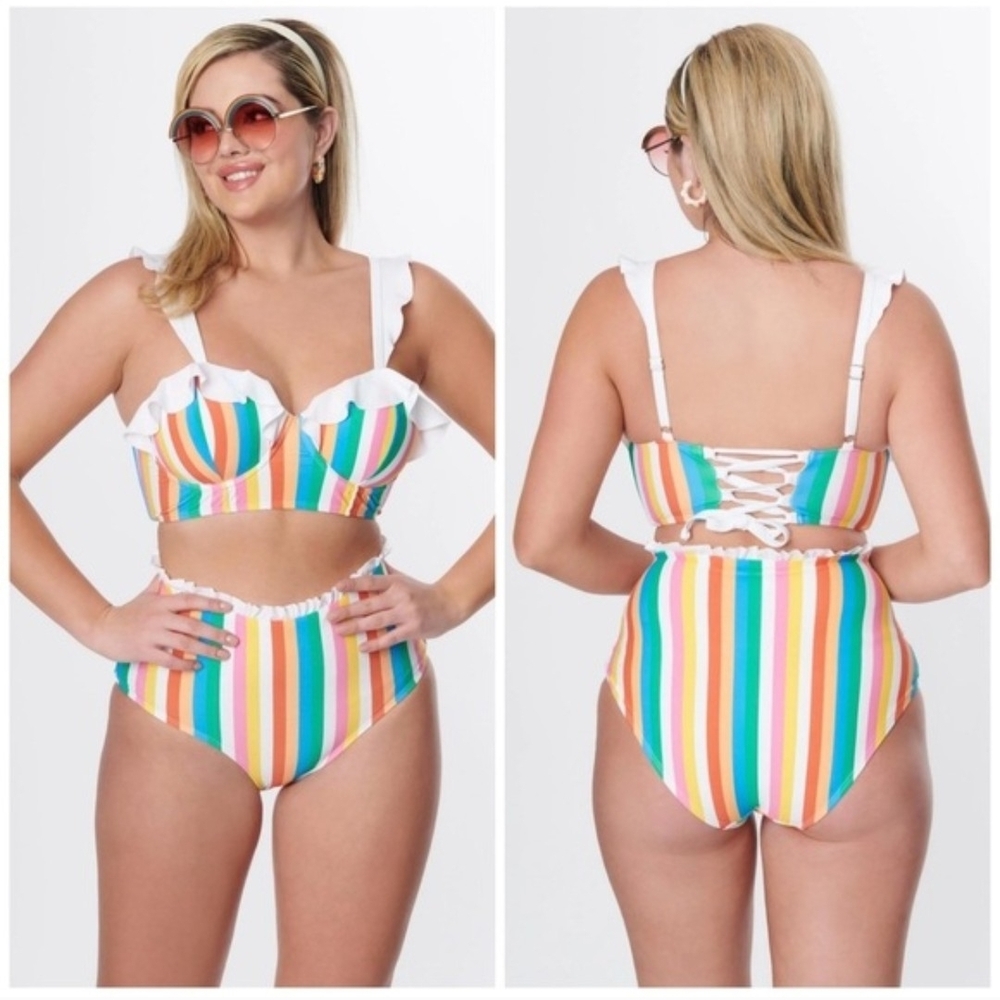 UNIQUE VINTAGE SWIM: NWT - Rainbow Striped Bikini - XL/14
